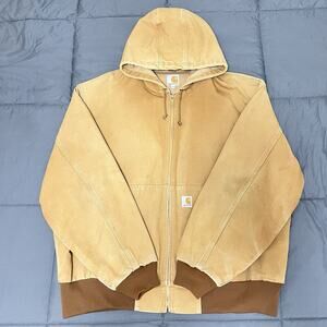 Carhartt J131 BRN Mens 2XL Canvas Jacket Full Zip Hood Thermal Lined Distressed